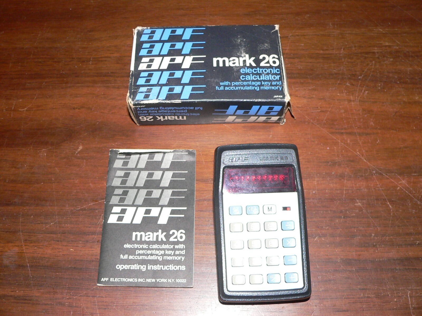 Vintage APF Mark 26 Red LED Calculator w/Original Box, Instructions SEE DETAILS