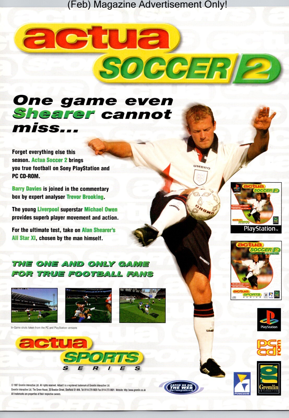 Actua Soccer 2 Playstation 1 PS1 Gremlin Game Promo 1998 Full Page Print Ad