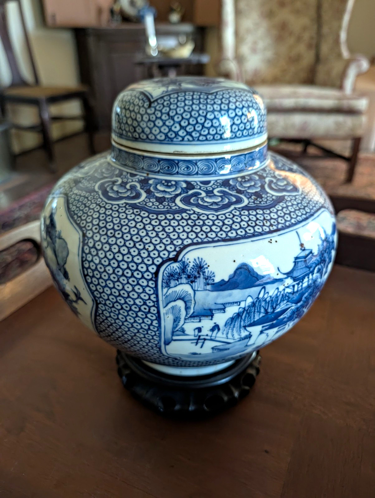 Chinese Blue & White Porcelain Lidded Jar/Vase Landscape & Bird, Stand