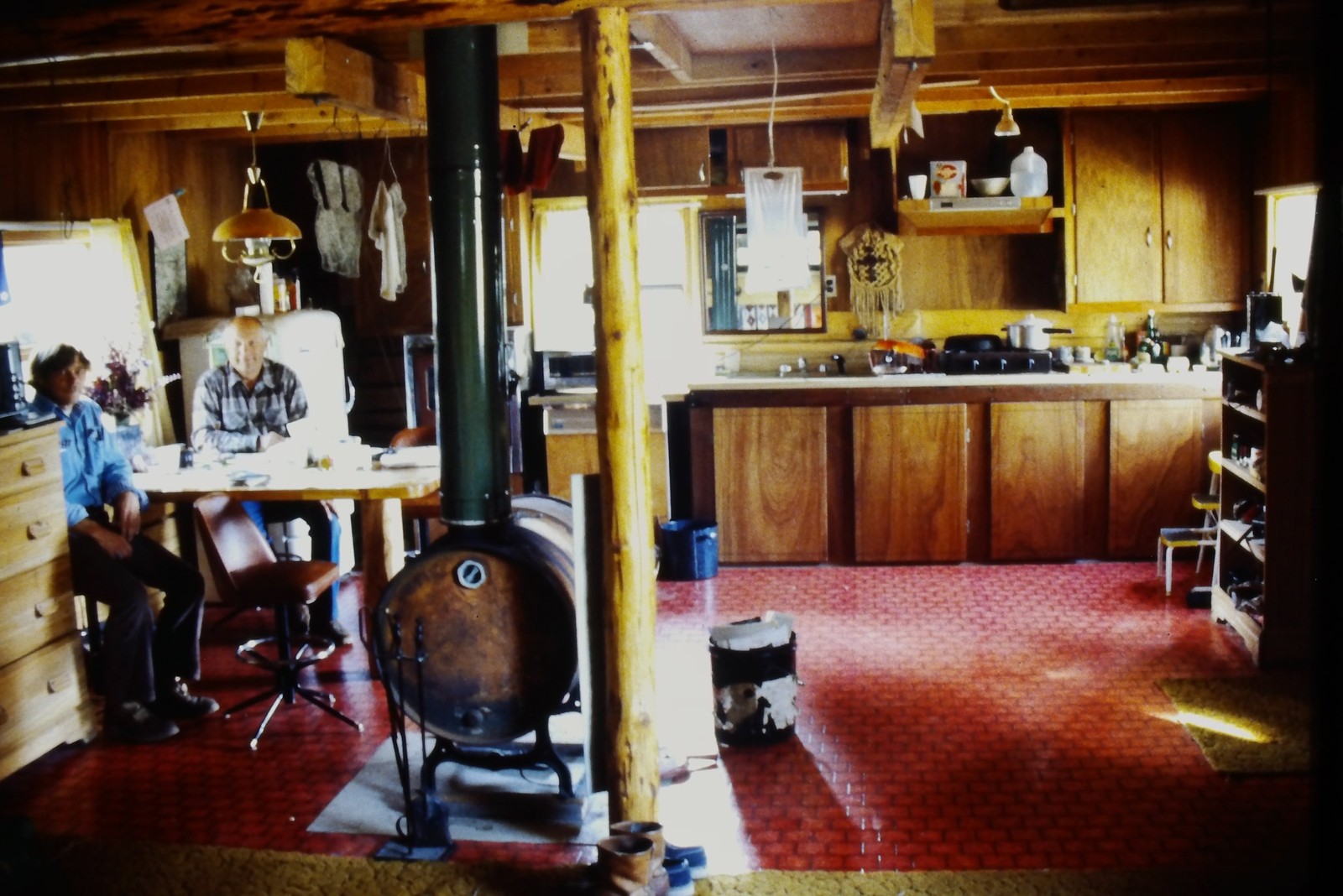 c1970\'s Kodachrome 35mm Slide, Rustic Cabin Interior Wood Stove Kitchen blue