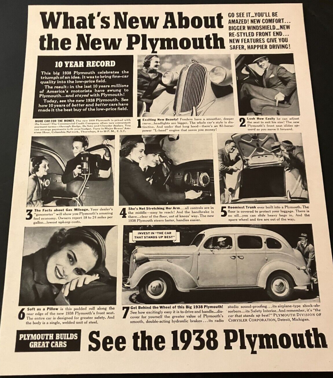1938 Plymouth De Luxe Touring Sedan - Vintage Original Print Ad Wall Art  CLEAN