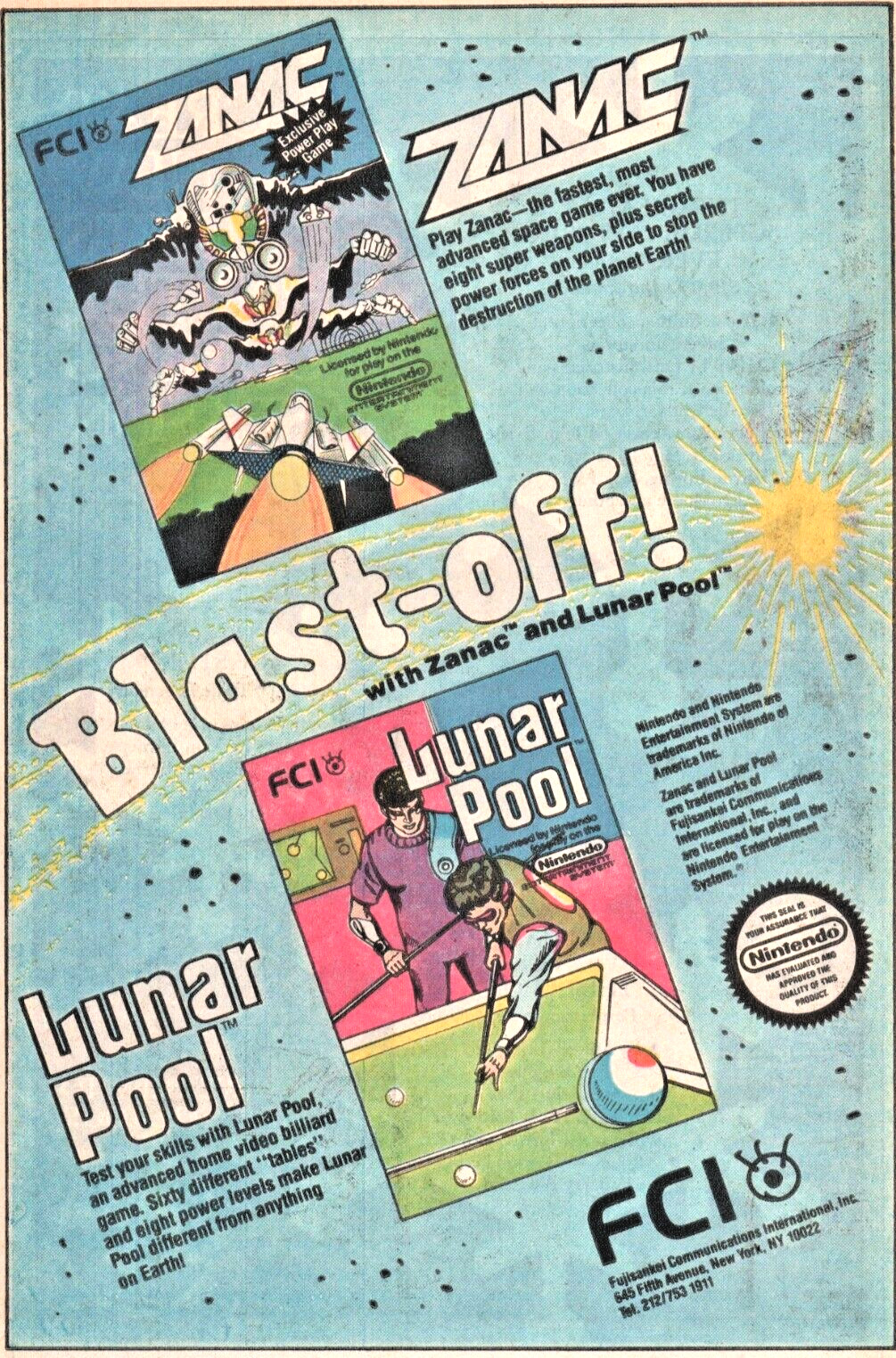 VINTAGE PRINT ADVERTISING ZANAC & LUNAR POOL HOME VIDEO BILLIARD GAMES NINTENDO
