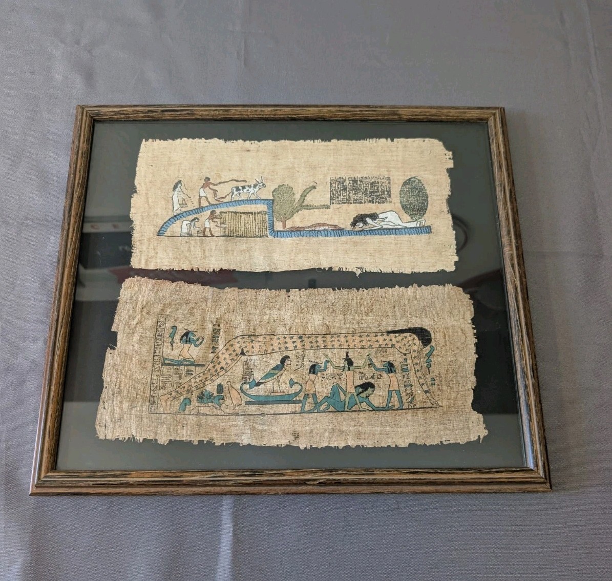 Vintage Framed Egyptian Papyrus Painting Two Paintings Framed Together