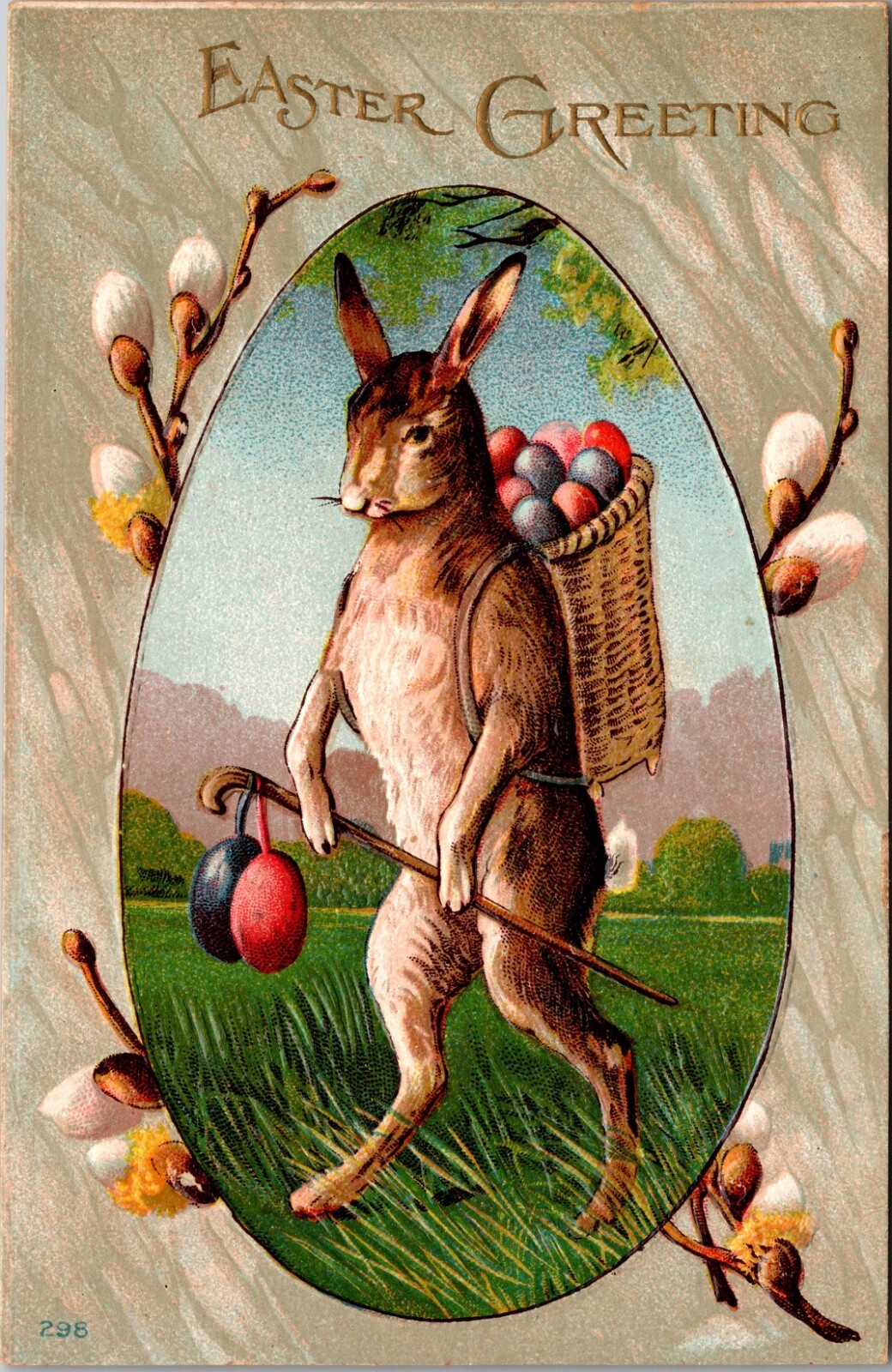A/S Easter Anthro Giant Brown Bunny Hare Walks Basket Pastel Eggs PU. 1910 A-674