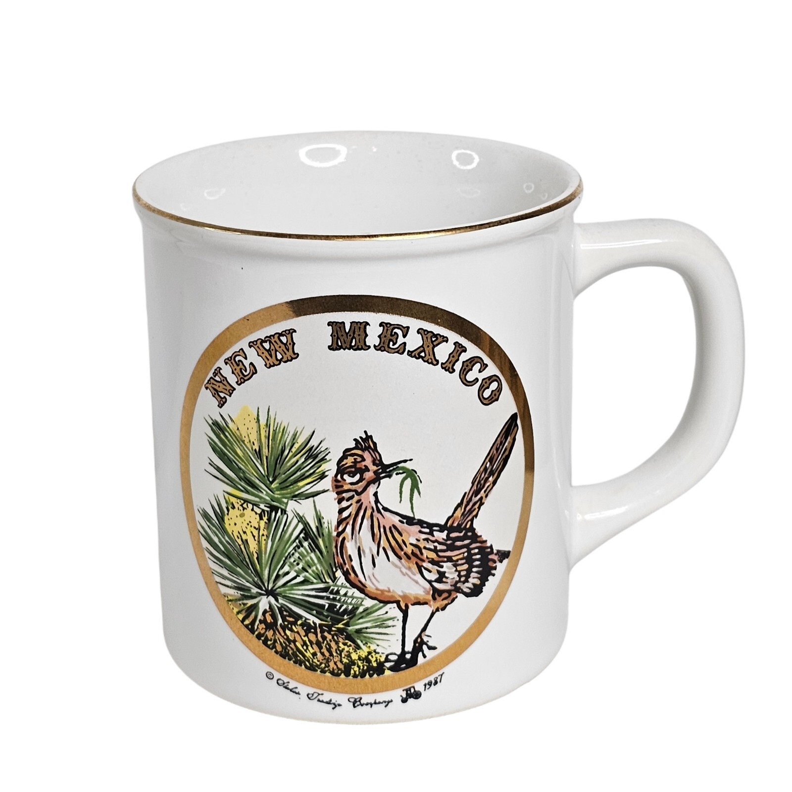 New Mexico Roadrunner Coffee Mug Cup White & Gold Trim Vtg 1987 State Bird Art