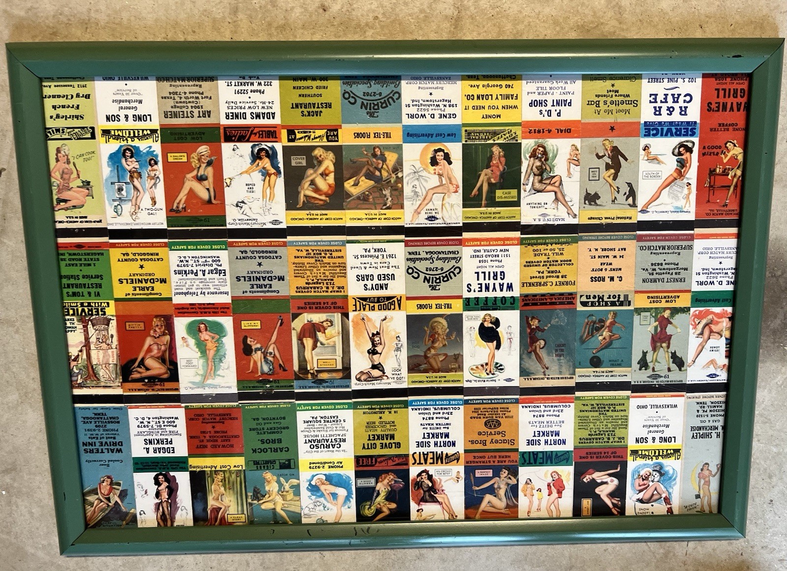Vintage 60s/70s Framed Matchbook Cover Artistic Collage 14”x20” In Green Frame