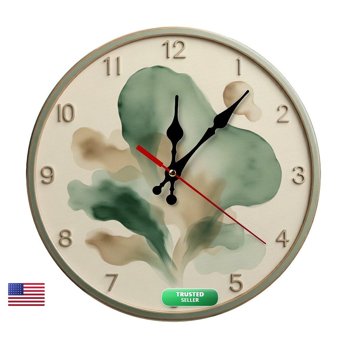 Green Wooden Wall Clock 25x25cm Abstract Watercolor Battery Operated Non Ticking
