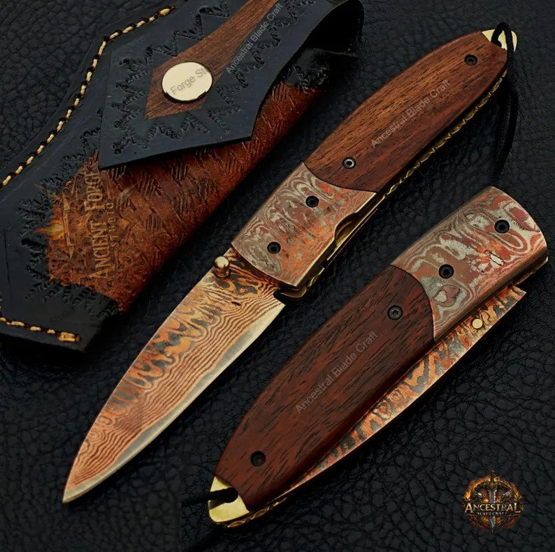 Luxury Copper Damascus Folding Knife–Handmade Cu Mai Pocket Knife, Razor Sharp