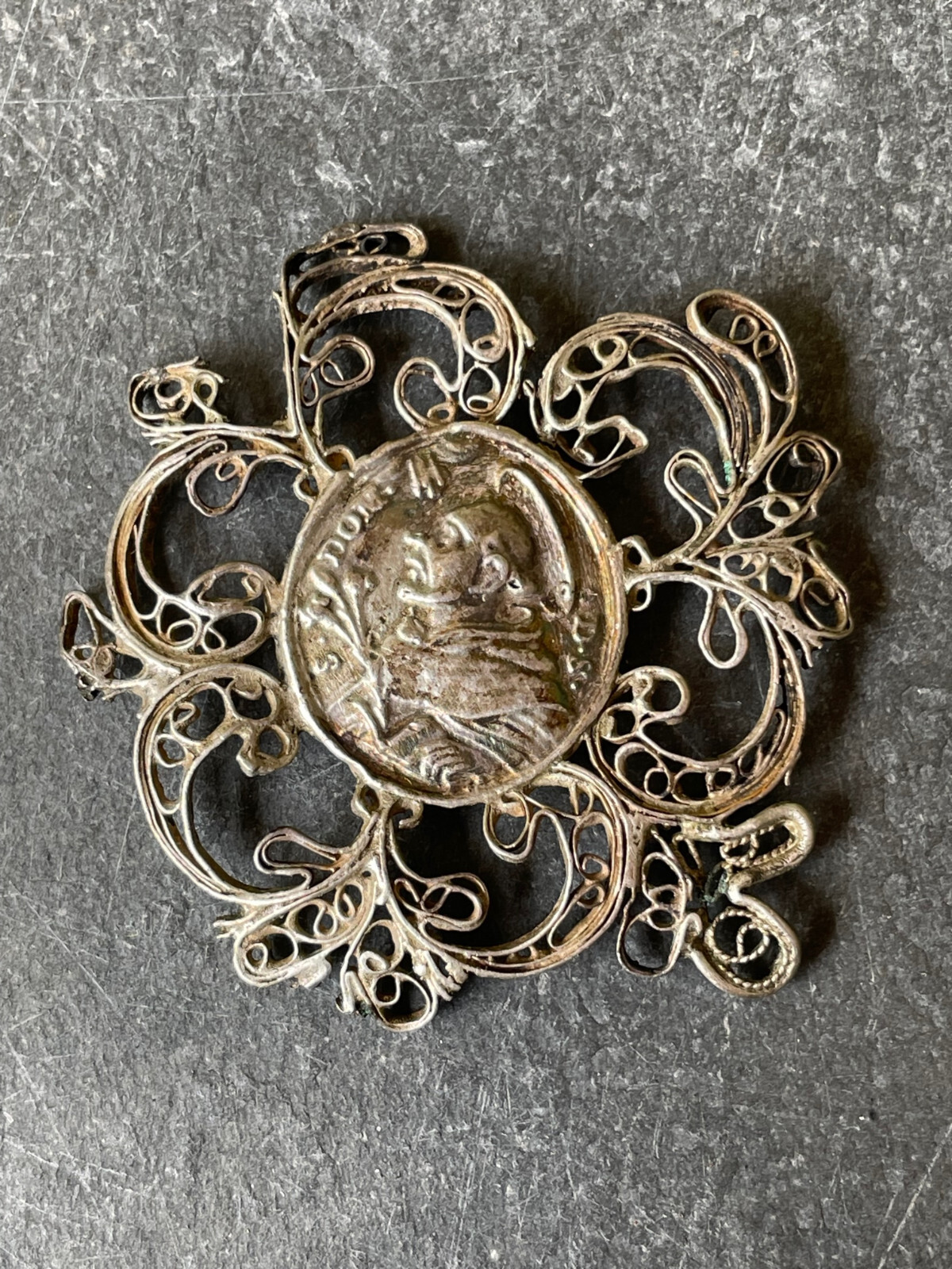 Old Antique Silver Filigree Religious Pendant Pectoral St. Dominic Catholic