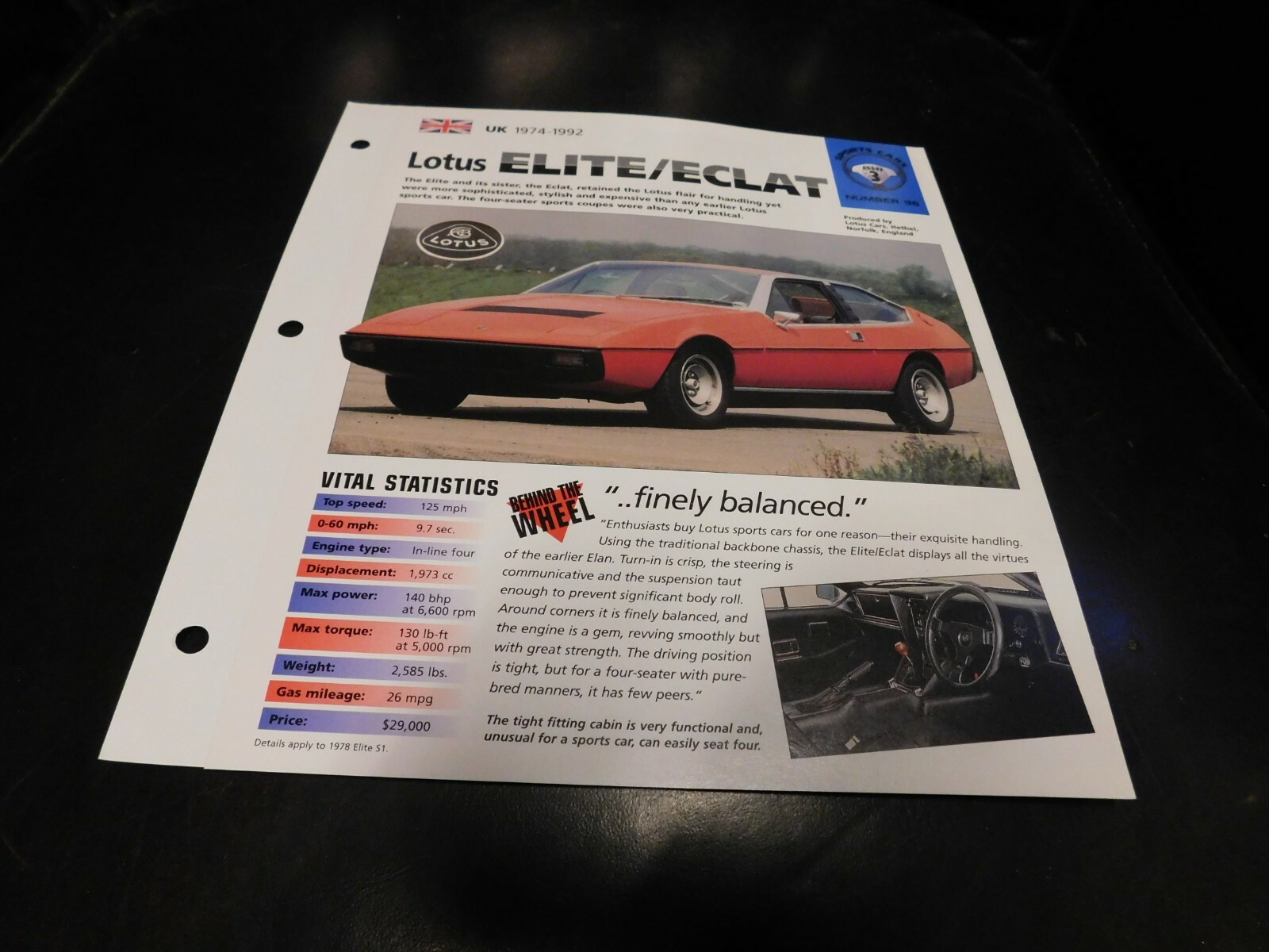 1974-1992 Lotus Elite Eclat Spec Sheet Brochure Photo Poster 91 90 89 88