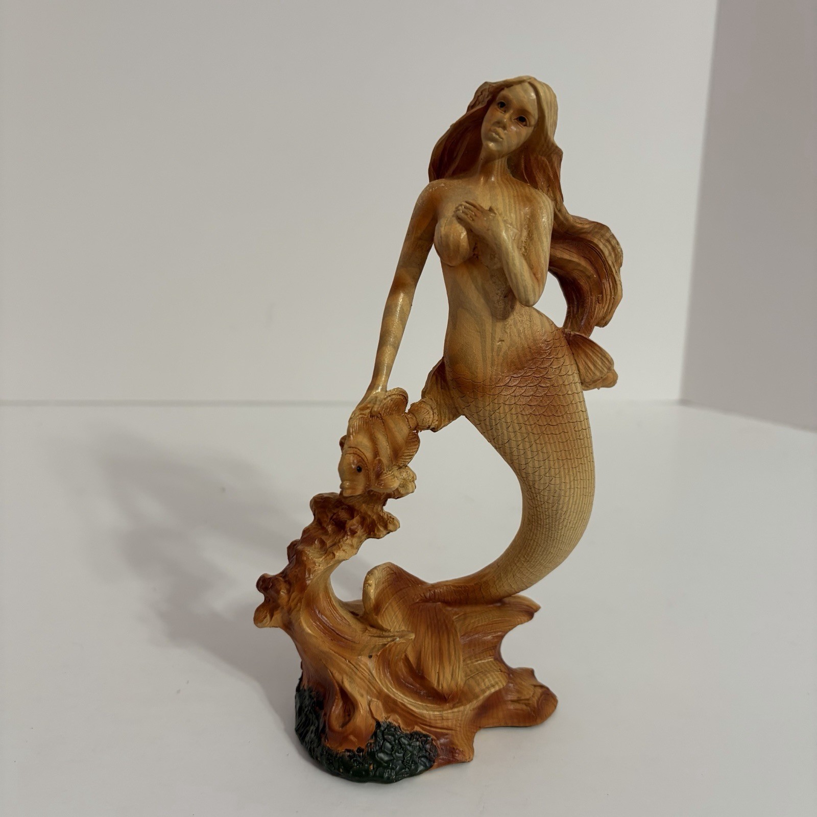Ebros Gift Faux Wood Mermaid & Fish 7” Coastal Driftwood Fantasy Decor
