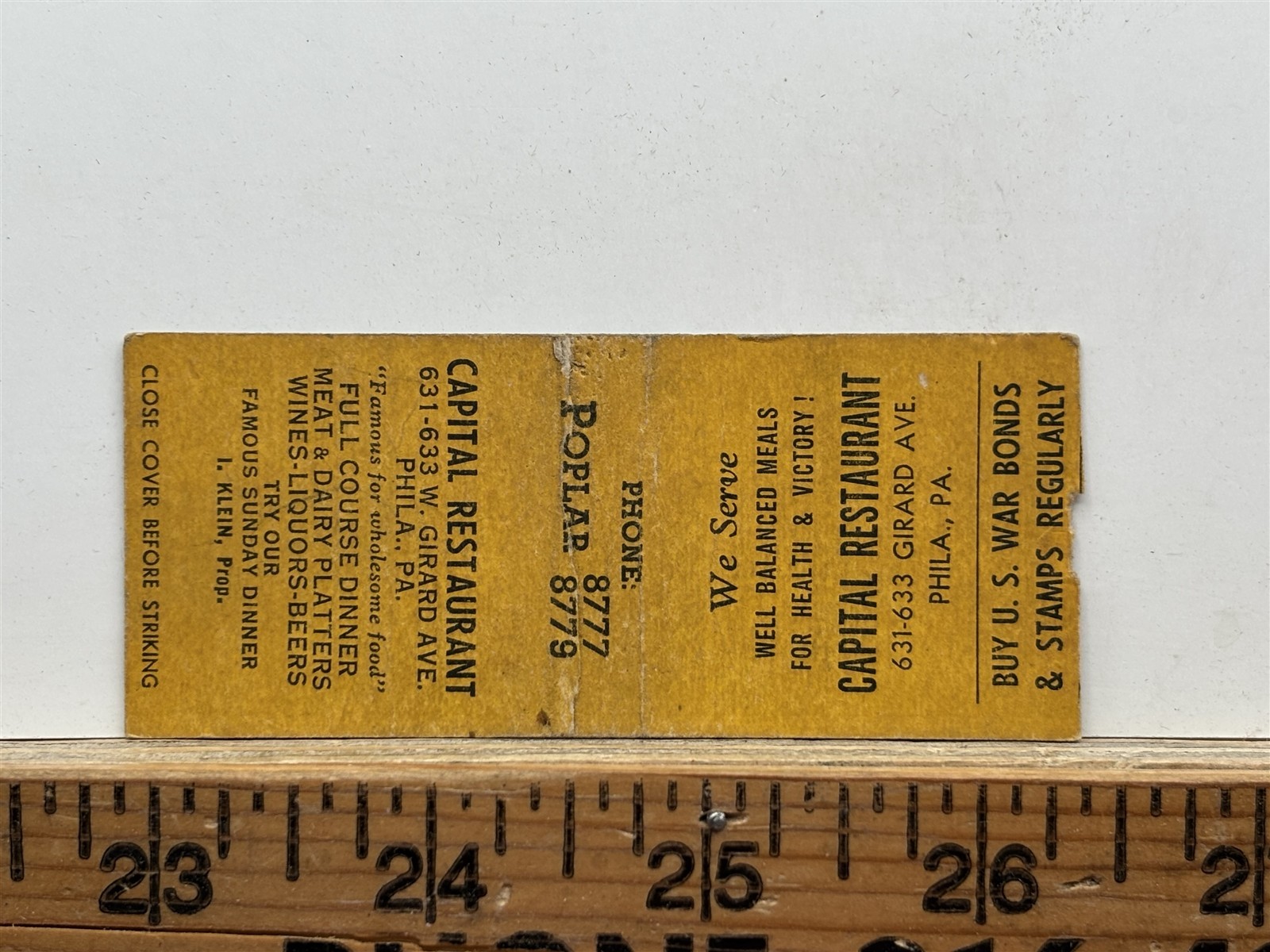 1930s Capital Restaurant Philadelphia PA Matchbook Cover Vintage