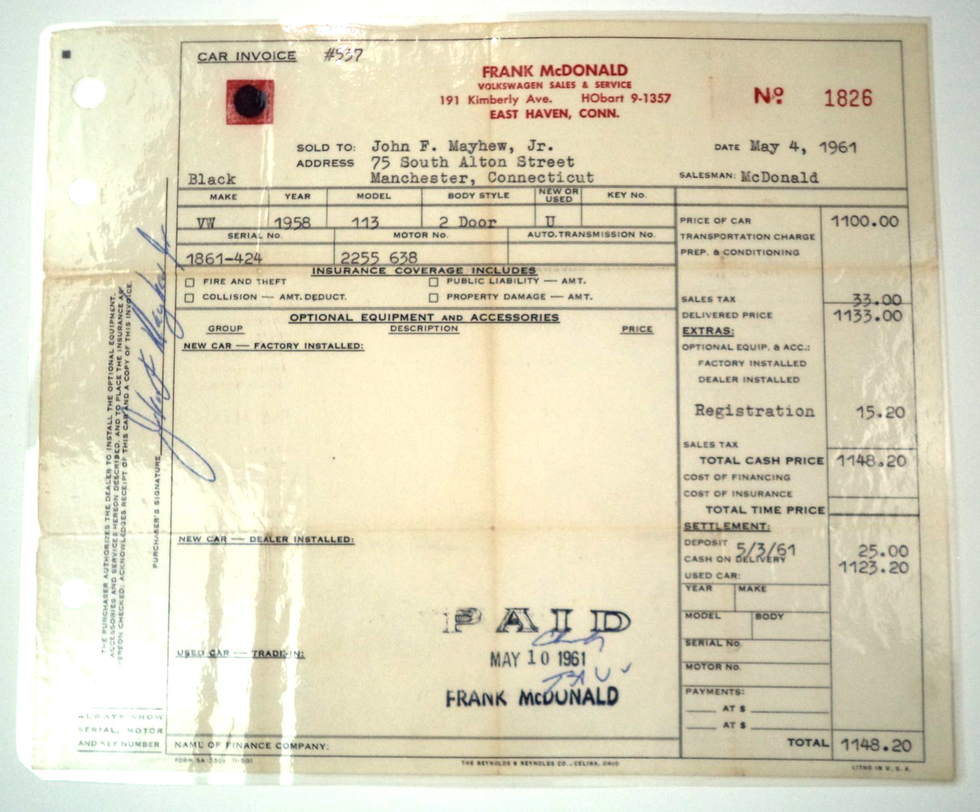 VTG 1961 VW Dealer Invoice Laminated- 1958 Beetle Deluxe 2 Door Black Model 113