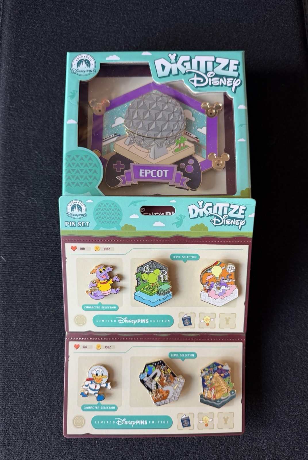 Digitize Disney Epcot Jumbo, Figment, Donald Duck pin set.