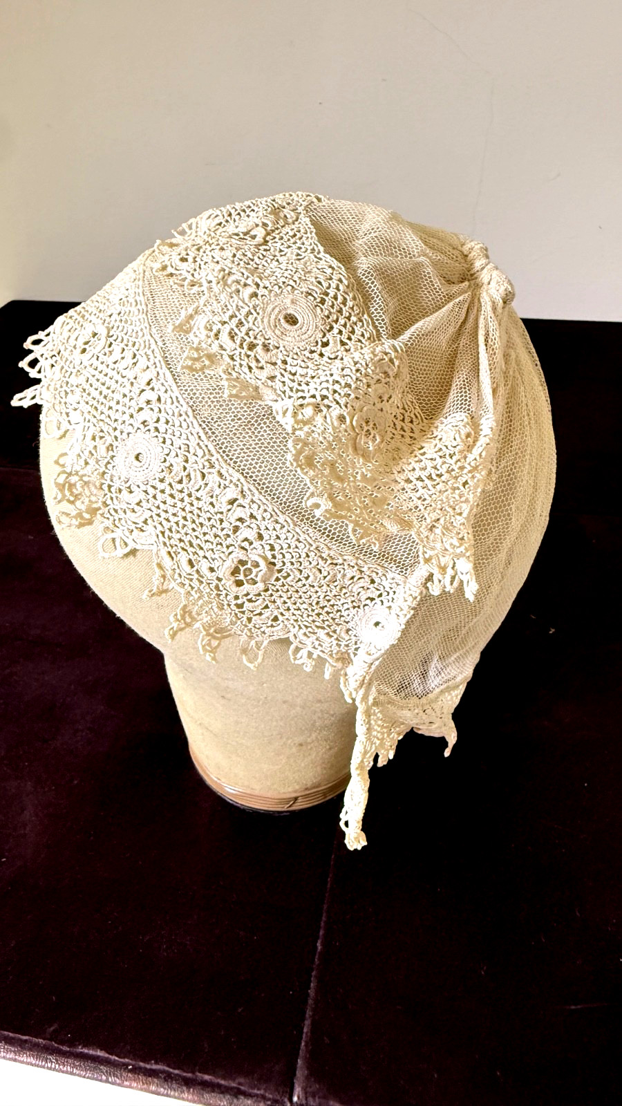 Antique 1900 Woman’s Bonnet with Silk Netting and Irish Crochet B075