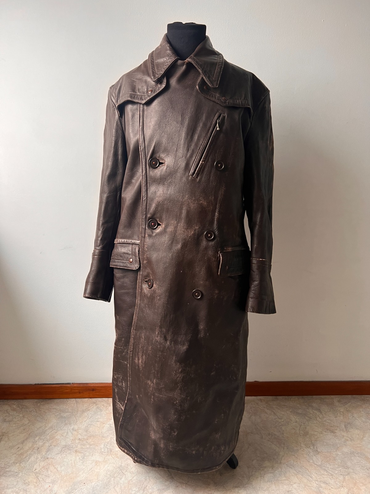 WWII Era German Military Style Leather Greatcoat Motorcycle Type Dated 1941
