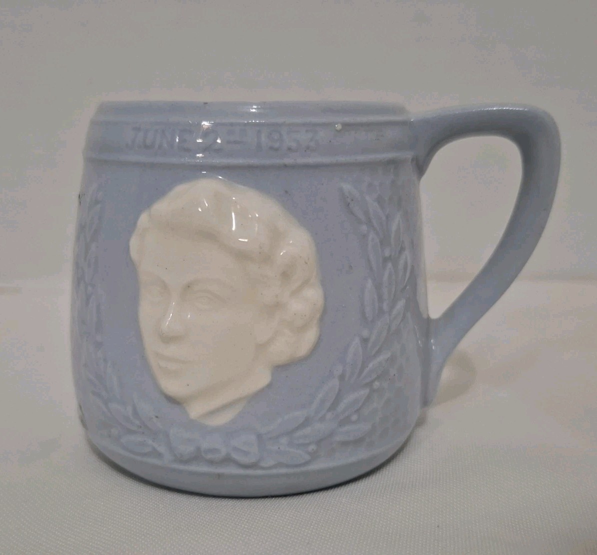 1953 QUEEN ELIZABETH II Coronation Mug KSP (RARE FIND BABY BLUE)