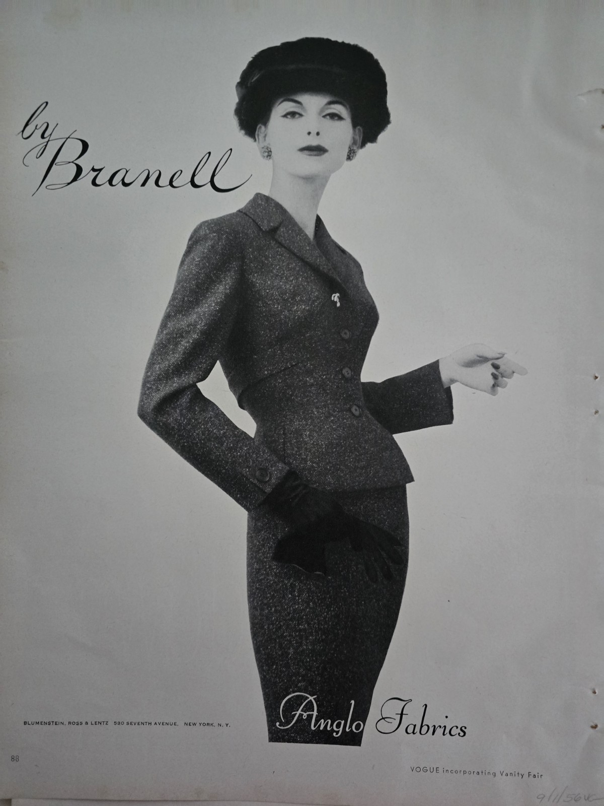 1956 Women\'s By Branell Anglo fabrics suit Vintage Fashion Ad