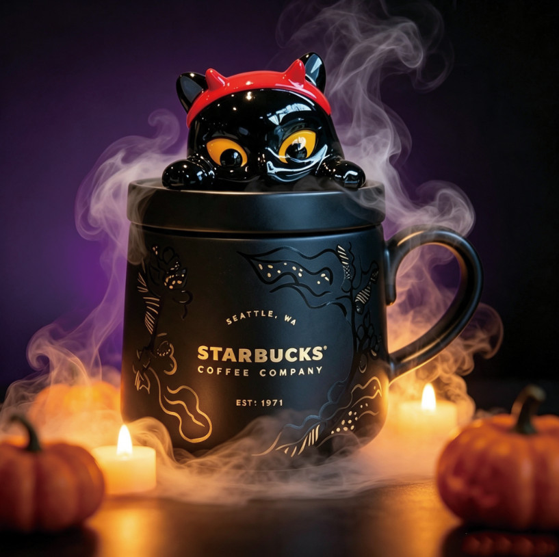 Starbucks Black Devil Cat Ceramic Mug With Lid Matte Coffee Cup Collectible Gift