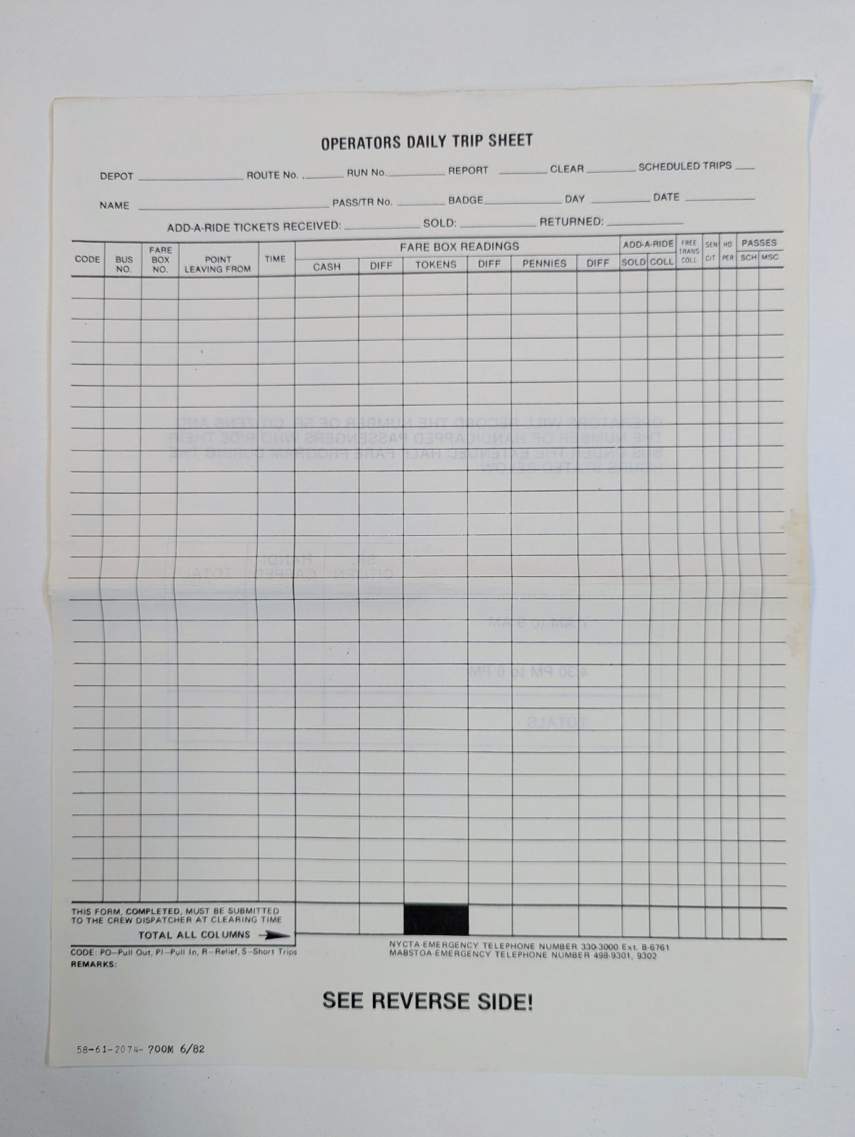 Vintage 1982 NYC Transit Bus Operator Daily Trip Sheet NYCTA MABSTOA NOS
