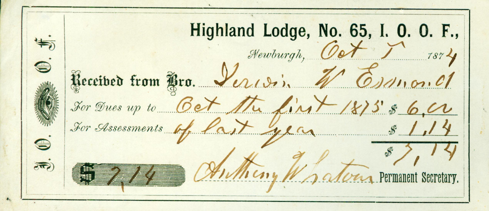  Dues Receipt Masons I.O.O.F. Odd Fellows Highland Lodge 65 Newburgh NY 1874