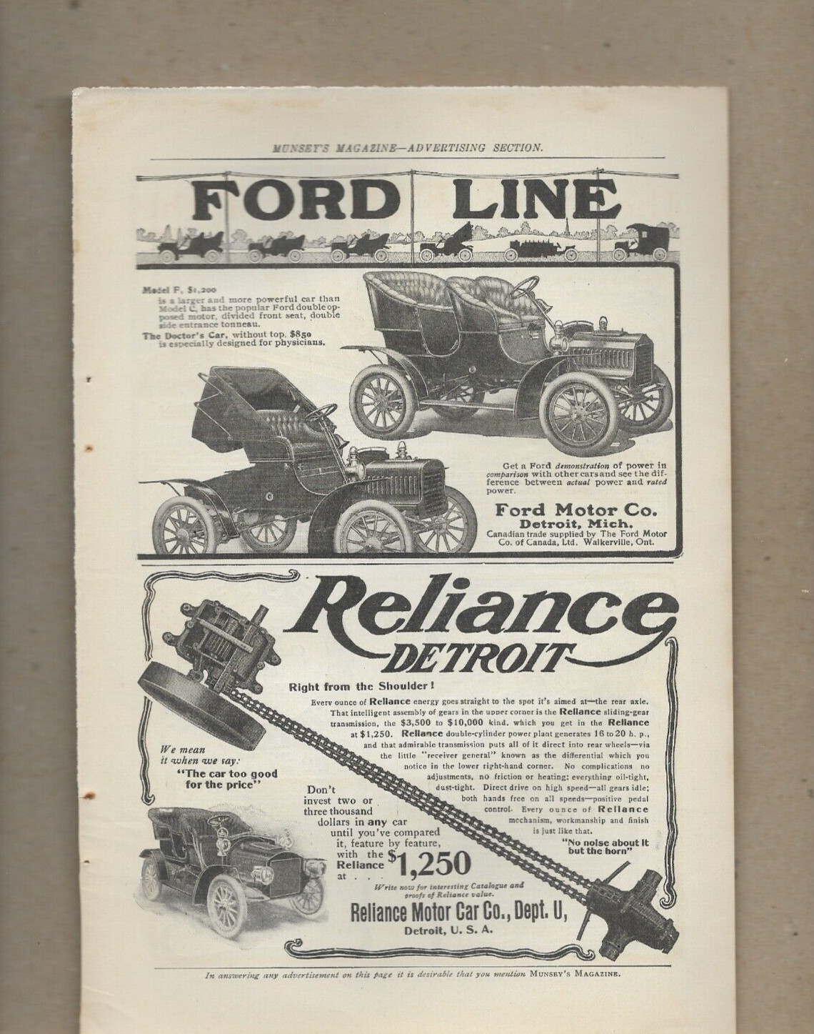 FORD MOTOR CO. F RELIANCE MOTOR CO. PREMIER 4 CYLINDER LOCOMOBILE 4-1906 Ads