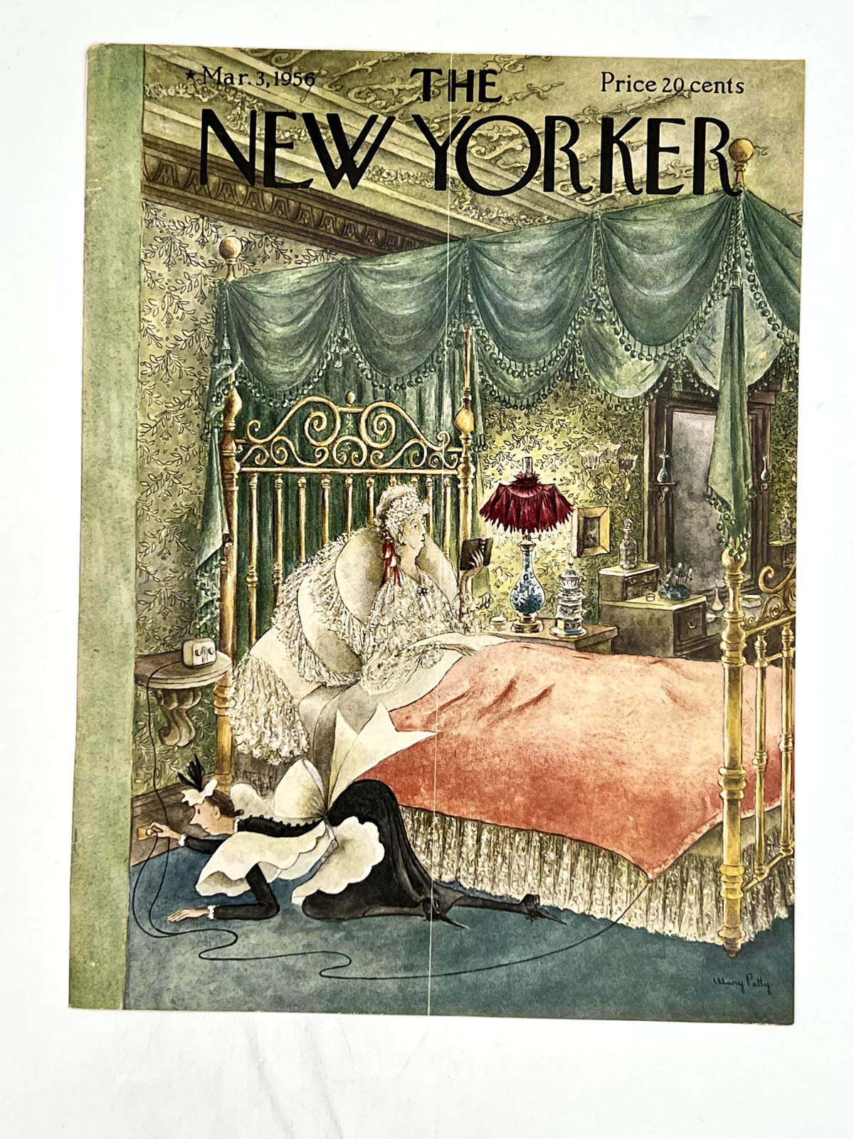 March 3, 1956 New Yorker, Maid turning on electric blanket for lady during 1956