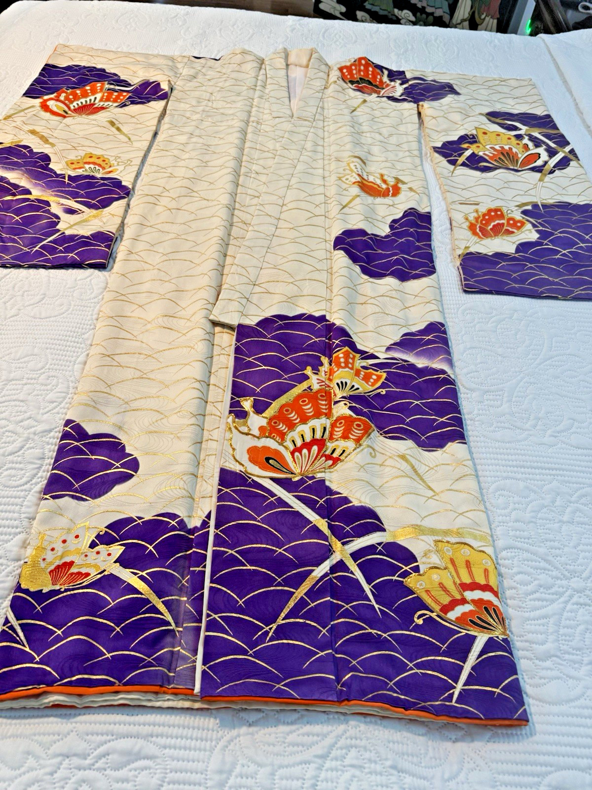 Vintage  S/P  Silk Double layered Furisode Kimono in Embroidered Butterflies