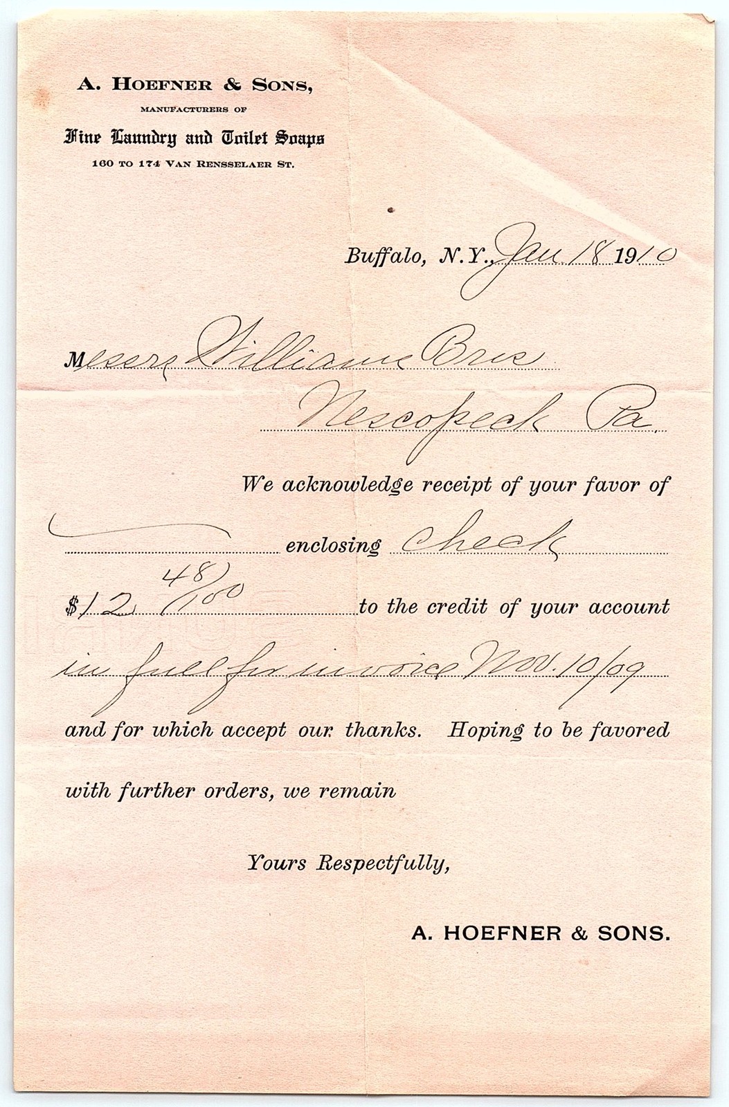 1910 A. Hoefner & Sons Buffalo NY Soap Mfg Receipt