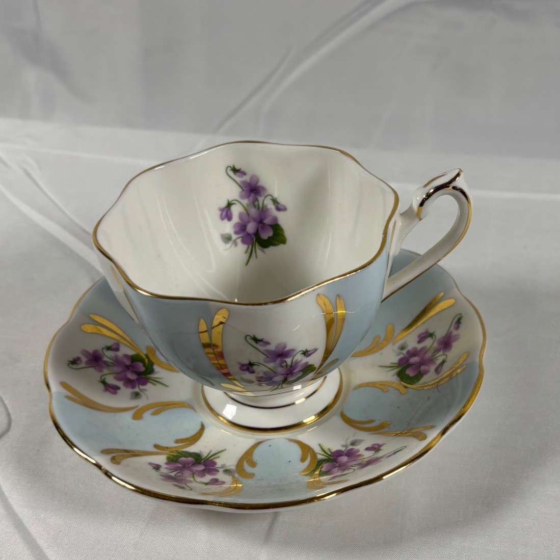 Queen Anne Bone China Tea Cup Saucer Set Violets Blue Gold Gilt England Vintage