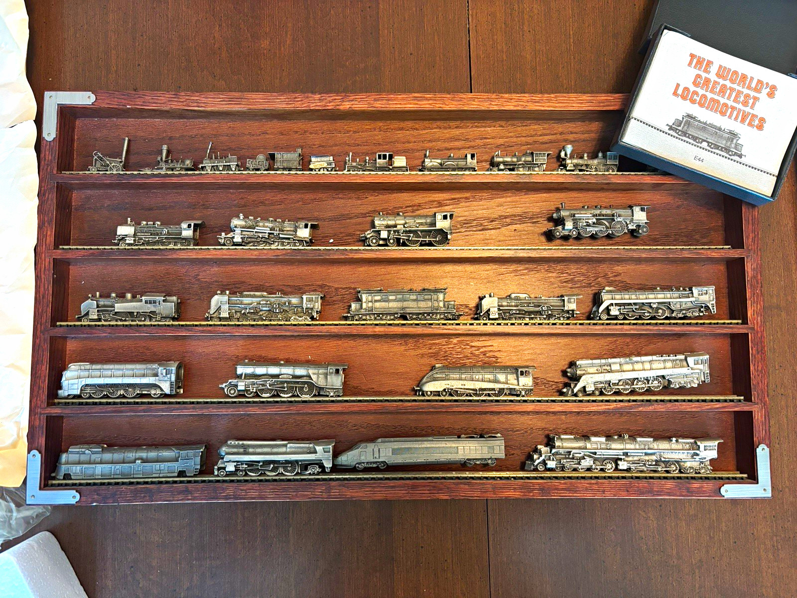 Miniature Metal Steam Train Locomotive Model Collection in Wooden Display Case