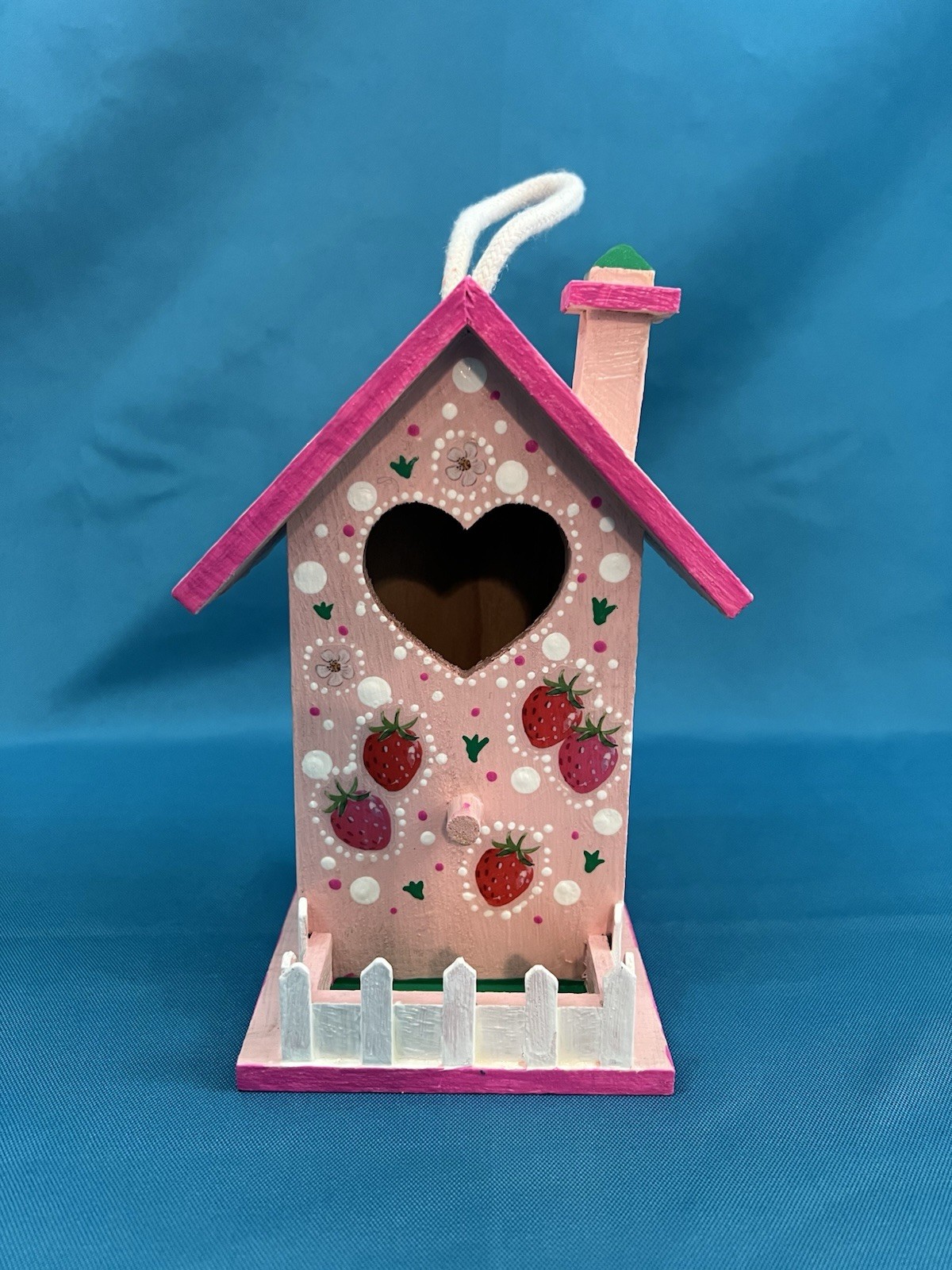 Hanging Wooden Bird House Pink Strawberry Design Front Entrance 1 Compartment