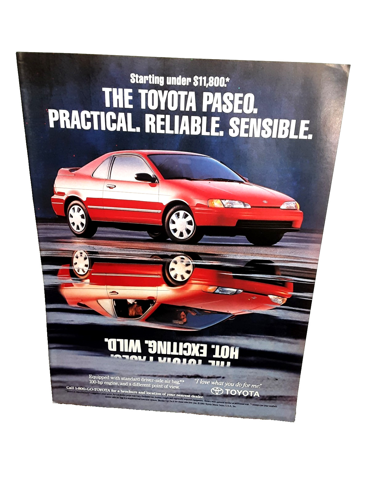 1993 Toyota Paseo Ad Practical Reliable Sensible Red Coupe Print