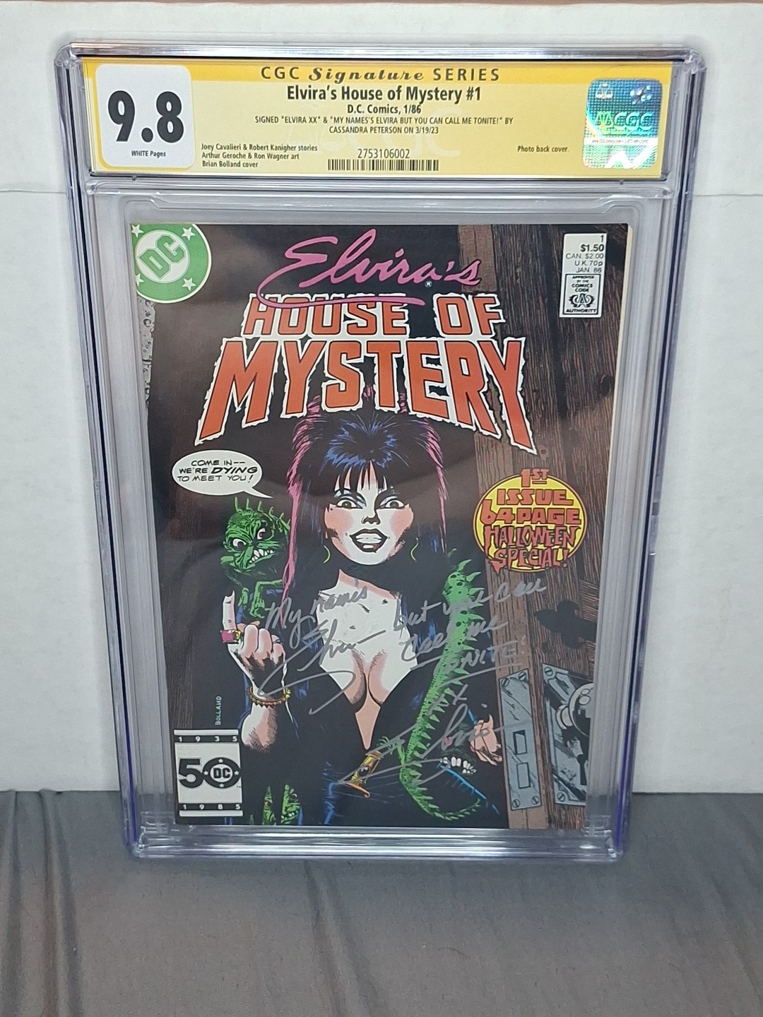 SIGNED BY ELVIRA WITH RARE INSCRIPTION ELVIRA'S HOUSE OF MYSTERY #1 CGC 9.8