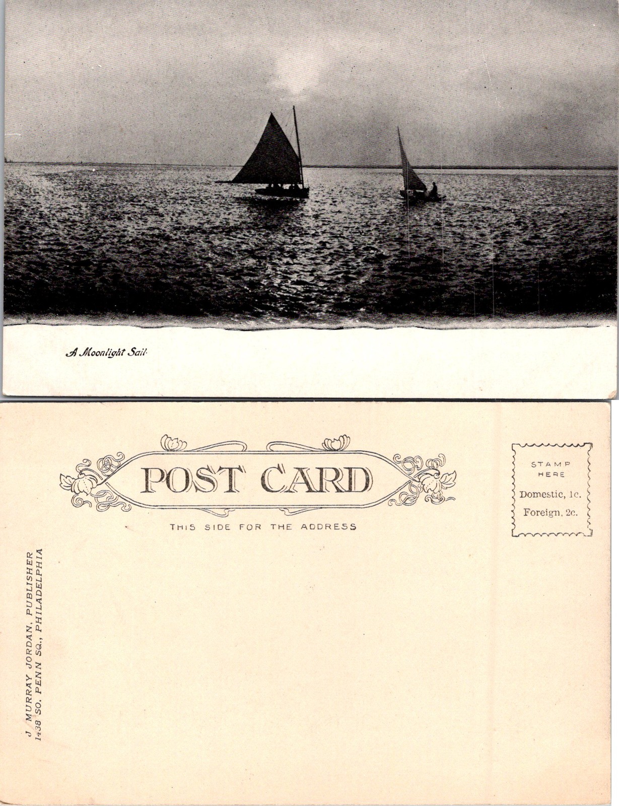 Philadelphia PA A Moonlight Sail, Black & White at Night Postcard 72444