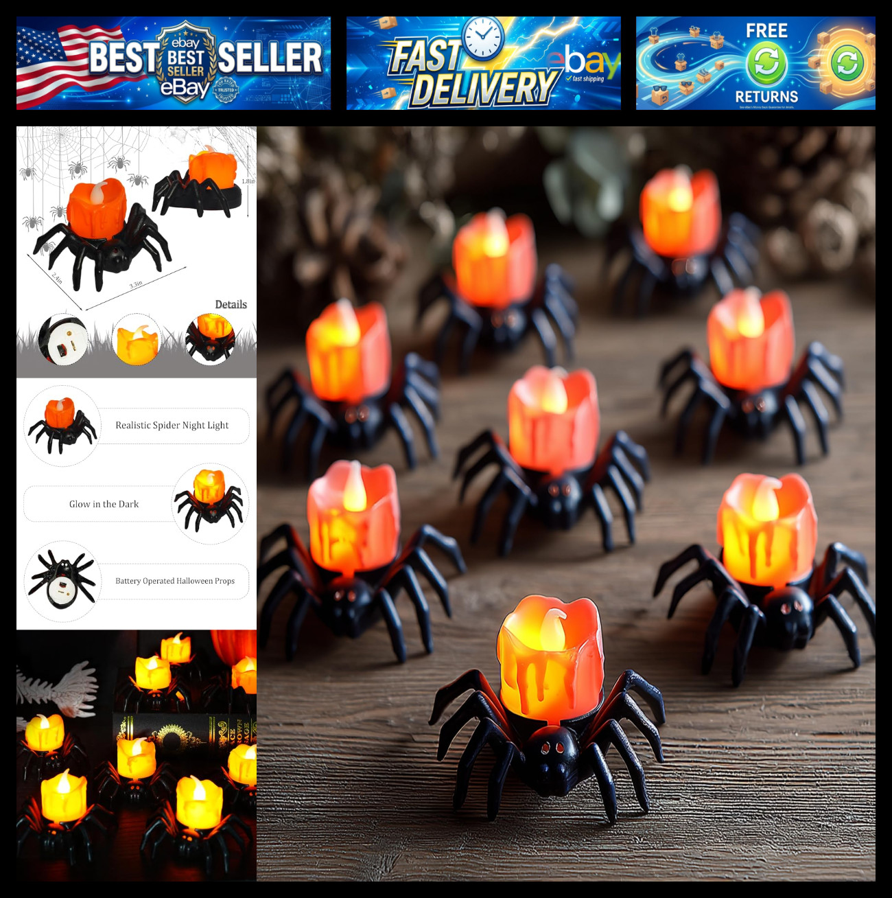 Dazzle Bright 12 Pack Halloween Spider Tea Lights Candles, Battery Operated LED