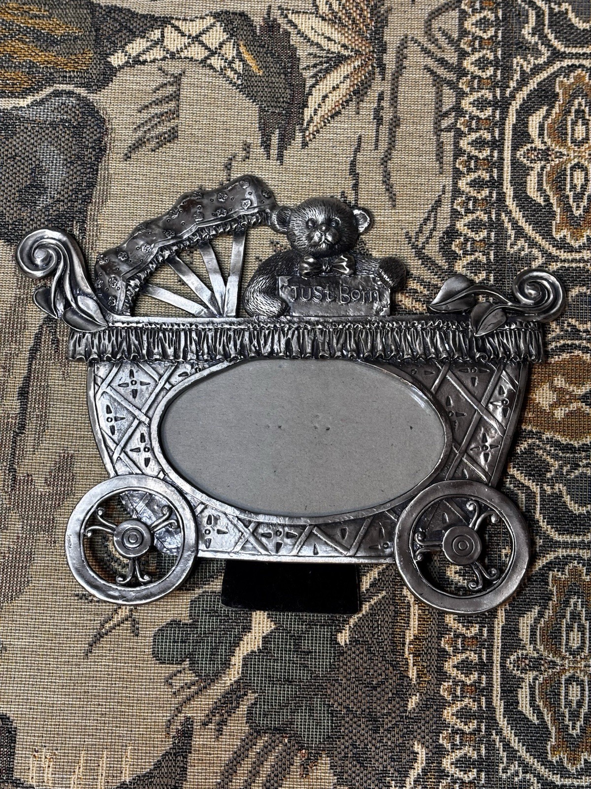Vintage PERFECT Just Born Teddy Bear Baby Carriage Metal 3.5x5 Photo Frame