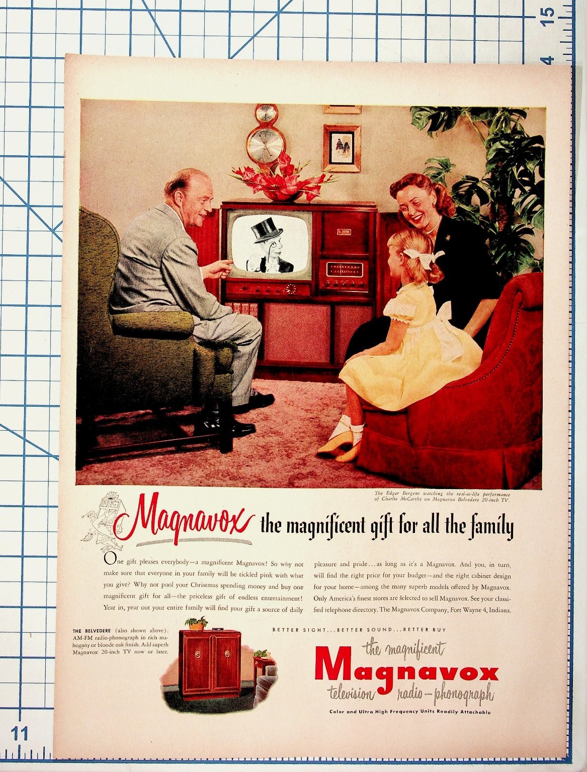 Magnavox TV Radio Phonograph Ad 1950s Edgar Bergen Charlie McCarthy Belvedere