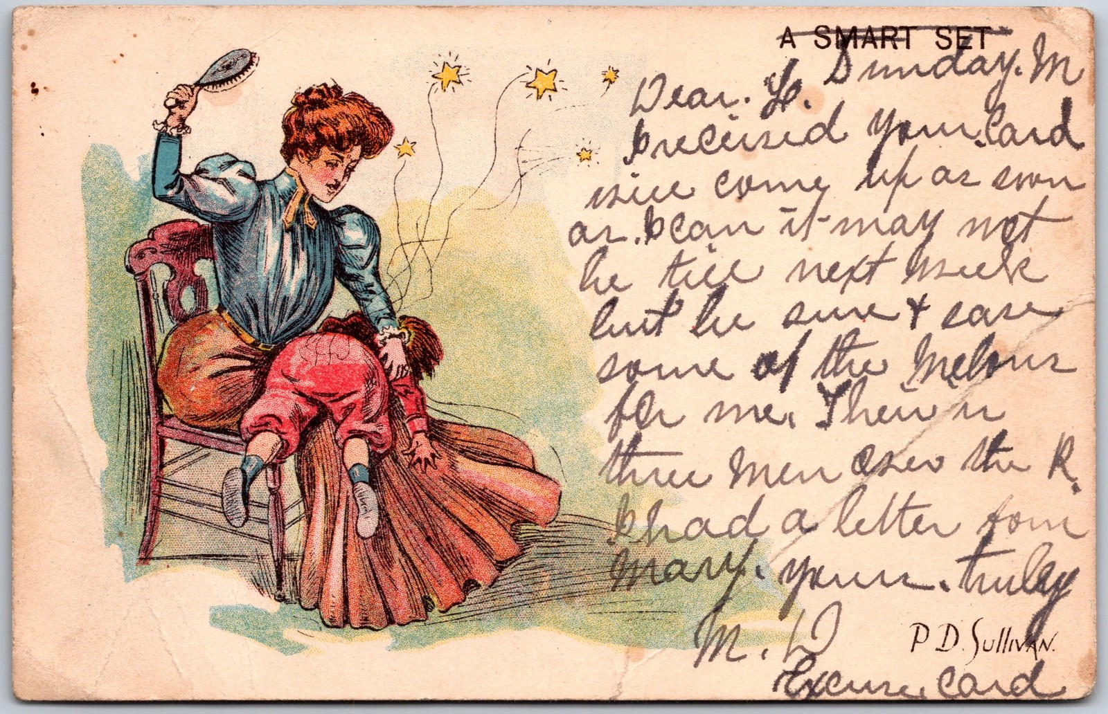 A Smart Set, 1909 Comic Victorian Woman Spanking Child by PD Sullivan, Postcard