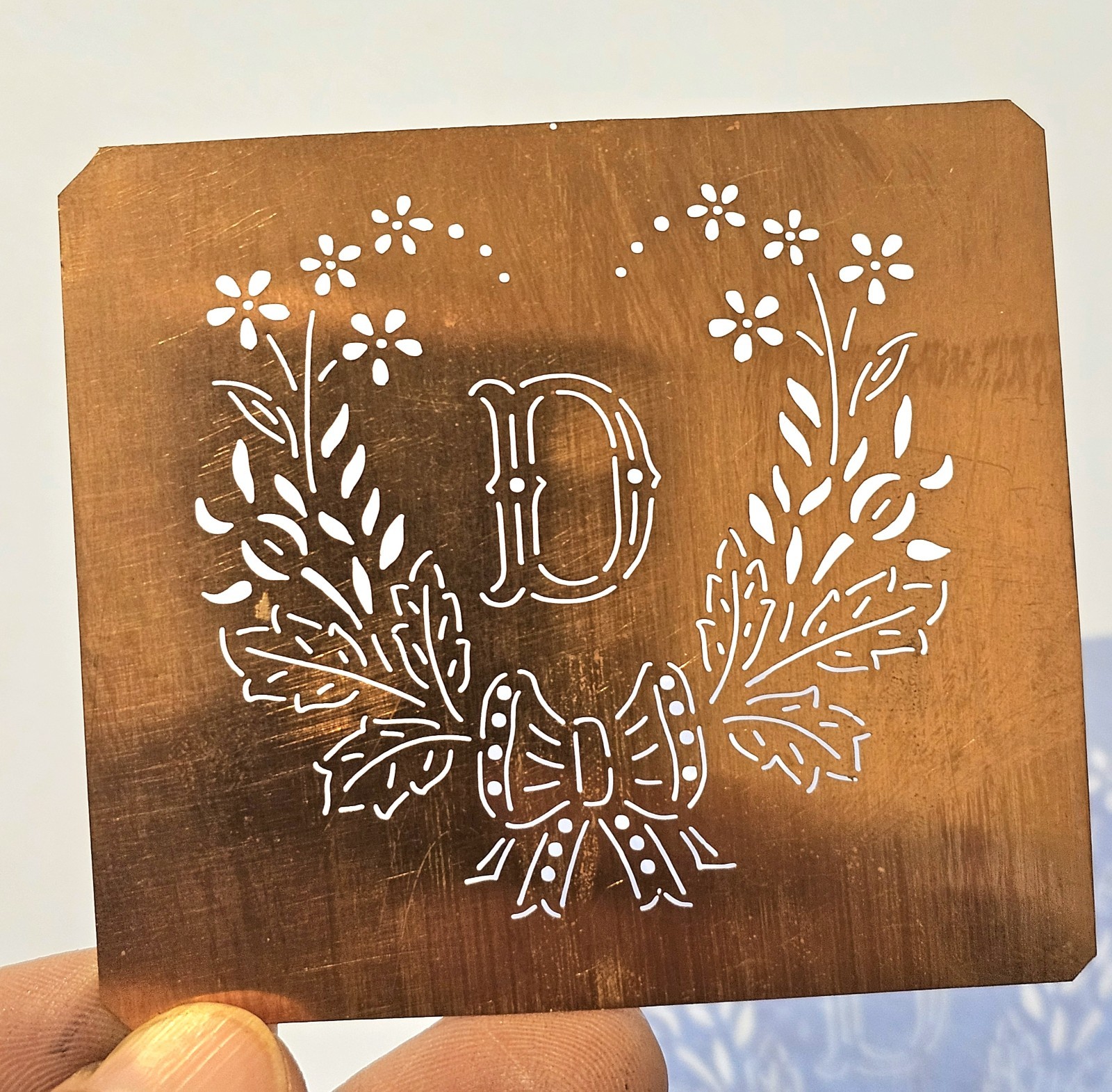 Antique Copper Monogram Stencil Letter D – Ornate Alphabet Plate c.1880–1920 D3