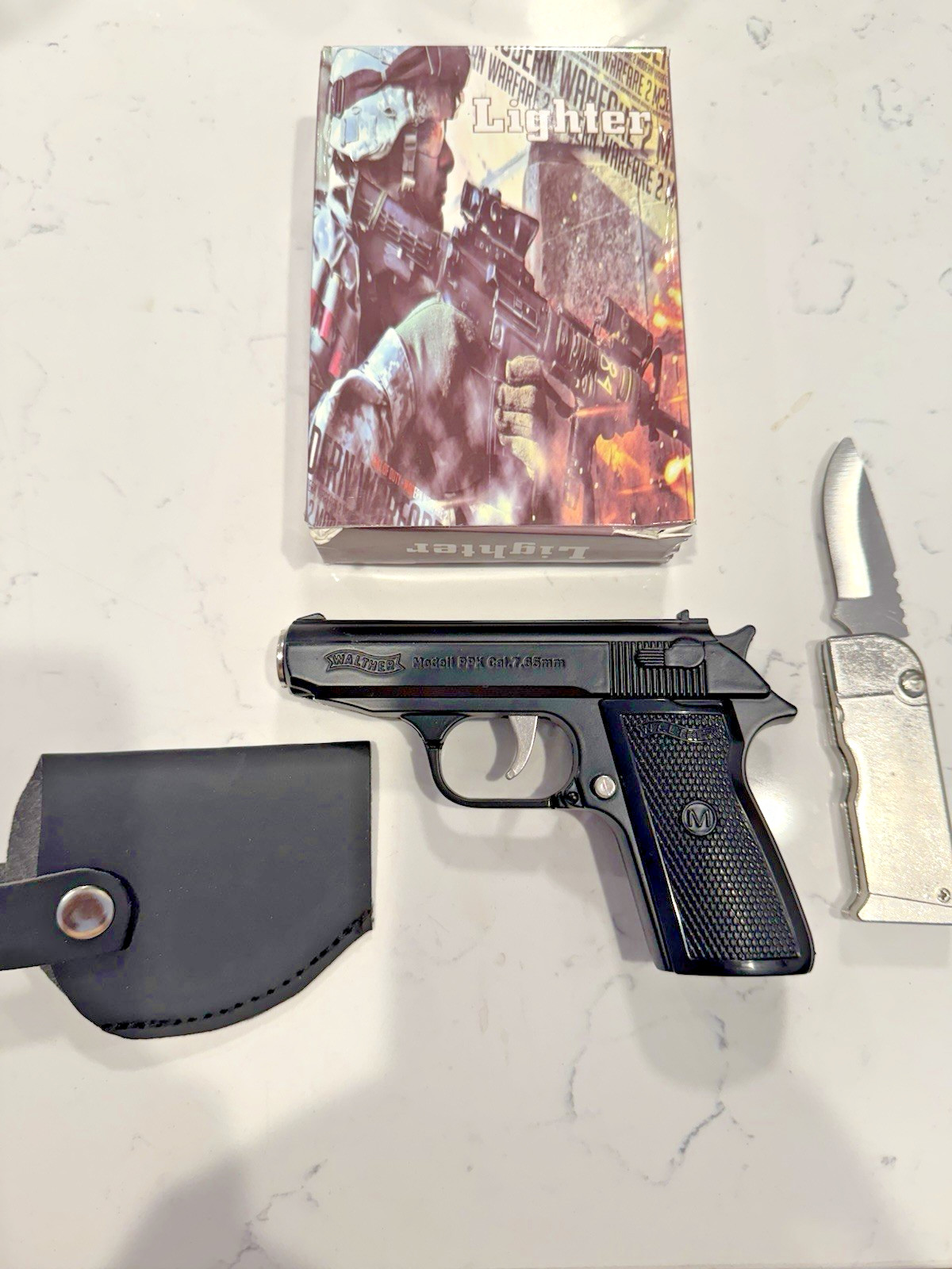 CONCEALED CARRY model handgun Walther PPK Gun Metal Torch Lighter Spring Knife