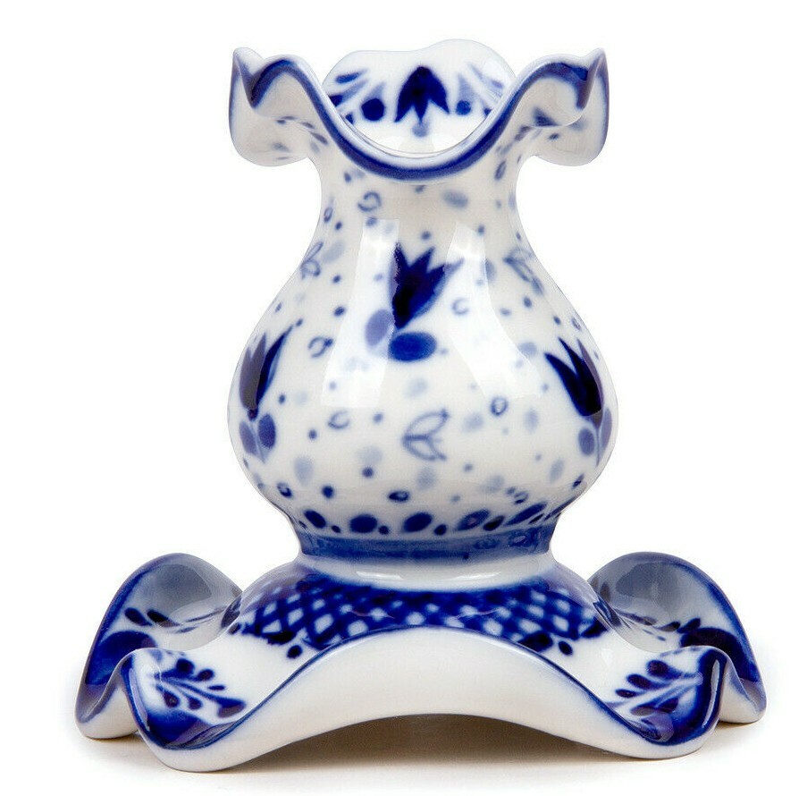 Porcelain Gzhel Candlestick Hand Painted in Russia Гжель, Candle Holder, 6.5 cm