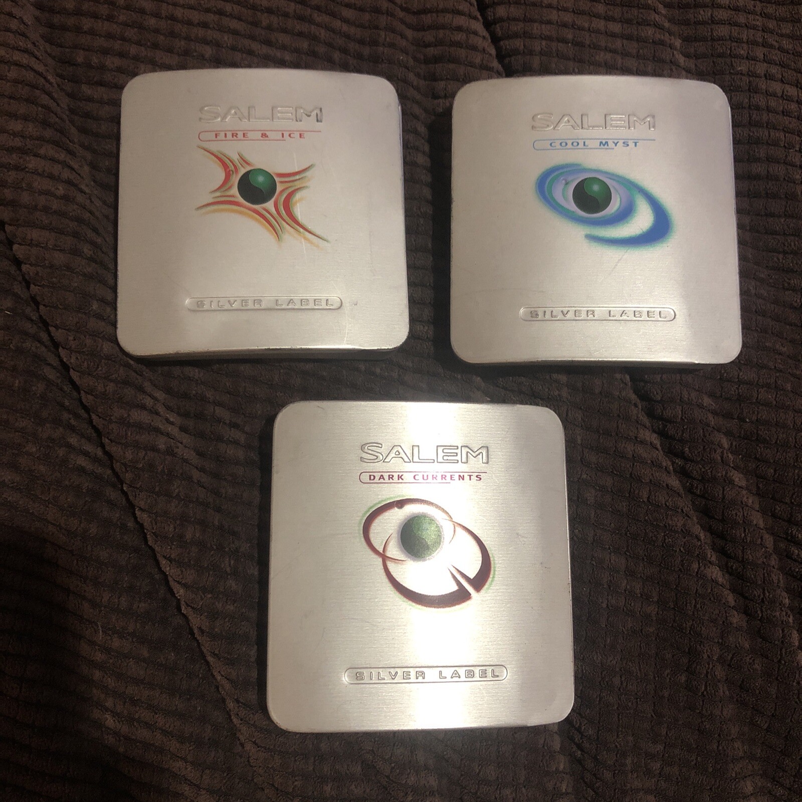 vintage Salem silver label 3 Tin Lot Fire & Ice Cool Myst And Dark Currents