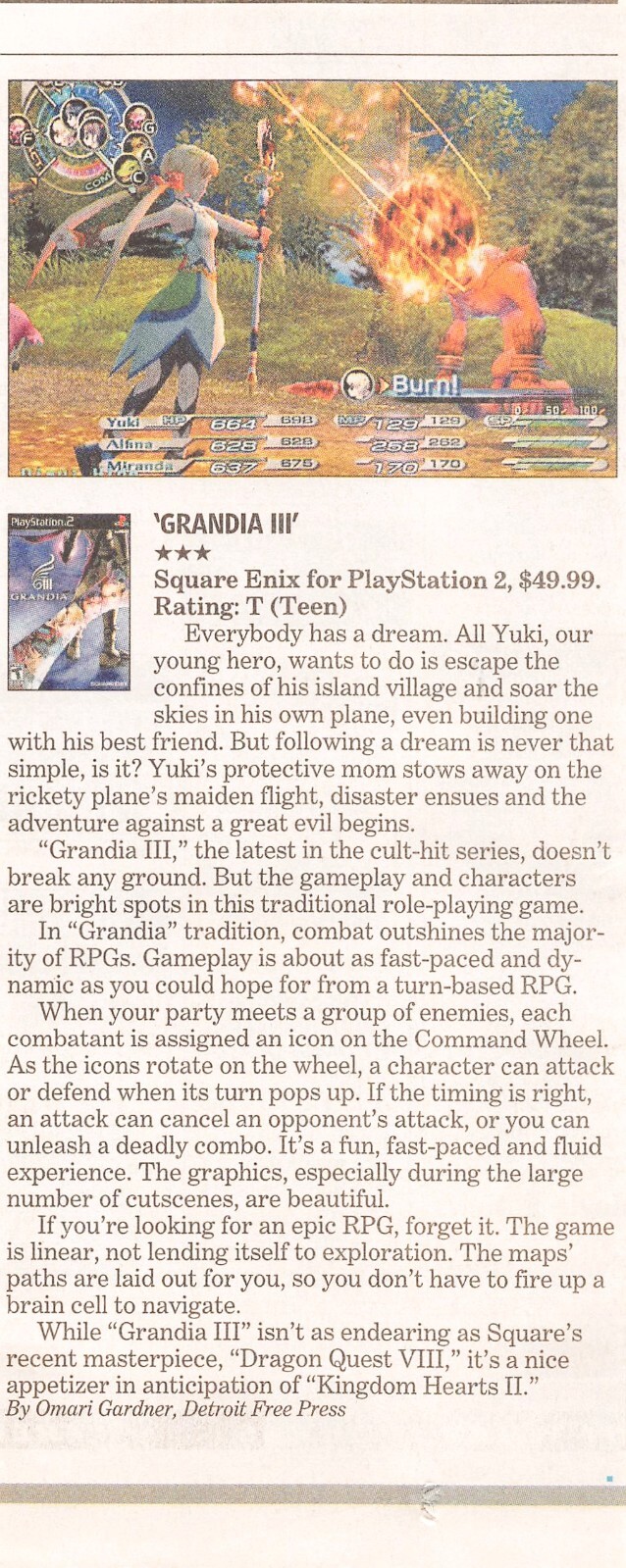 Grandia III Square Enix for Playstation 2 Rated T Teen 2006 Newspaper Review