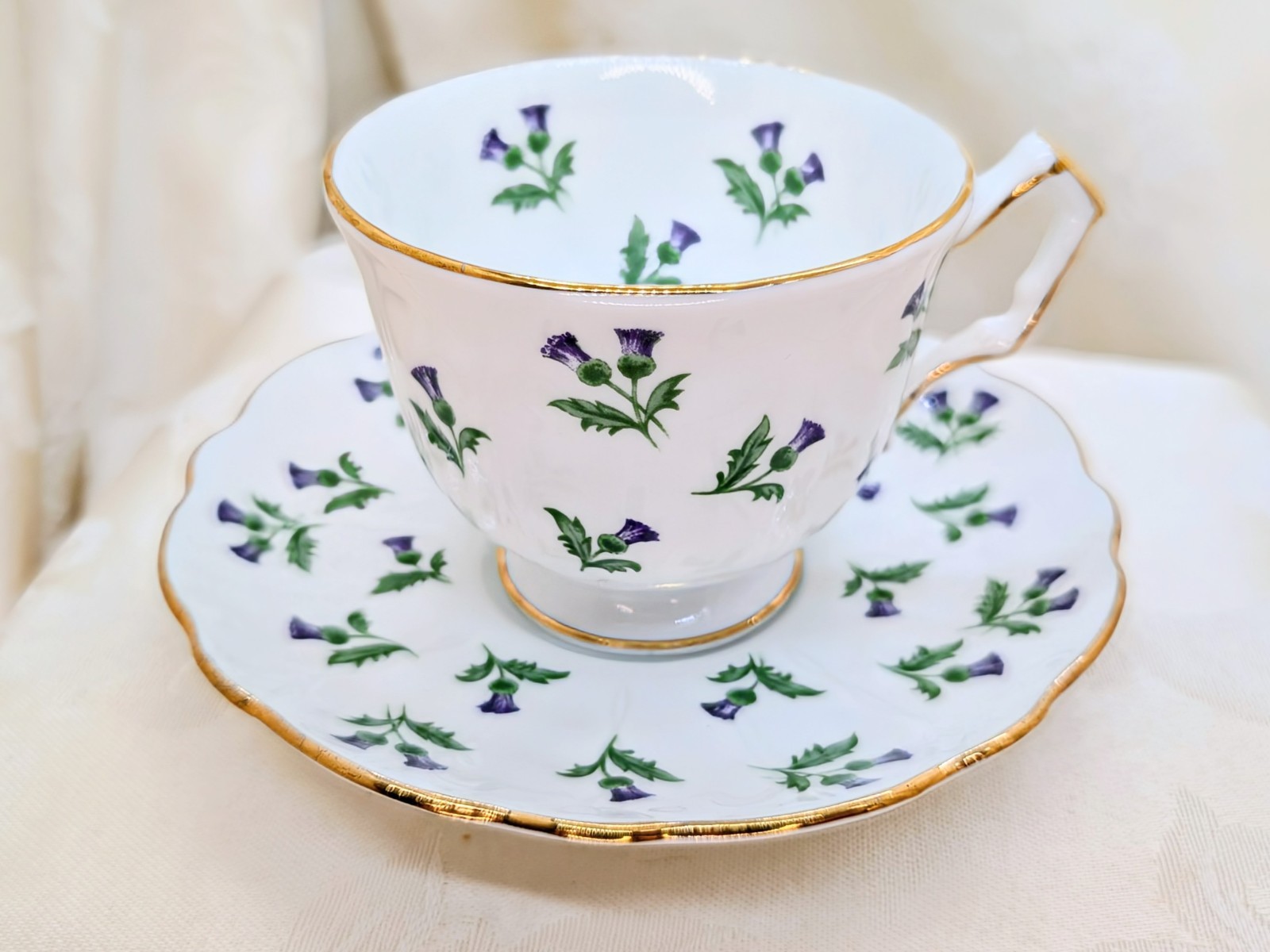 Vintage Aynsley Thistle Teacup Saucer Set Purple Floral English Bone China Gold