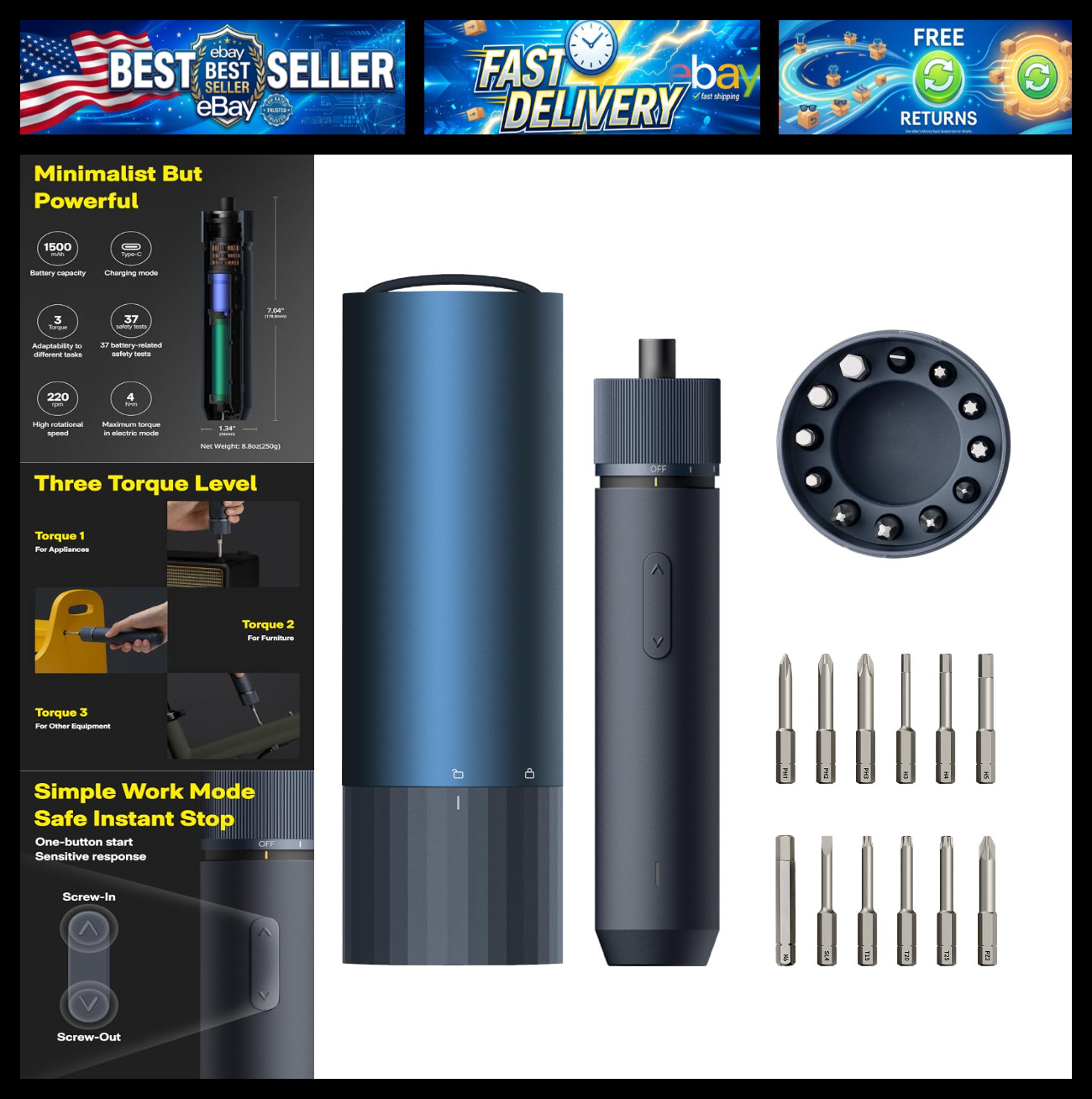 HOTO Electric Screwdriver Rechargeable, 3.6V Cordless Screwdriver Set USB-C, 1/4