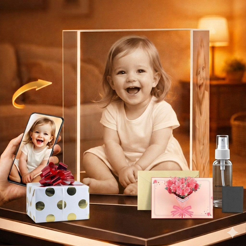 Custom 3D Photo Crystal Size M Personalized Laser Engraved Gift +FREE LED Base