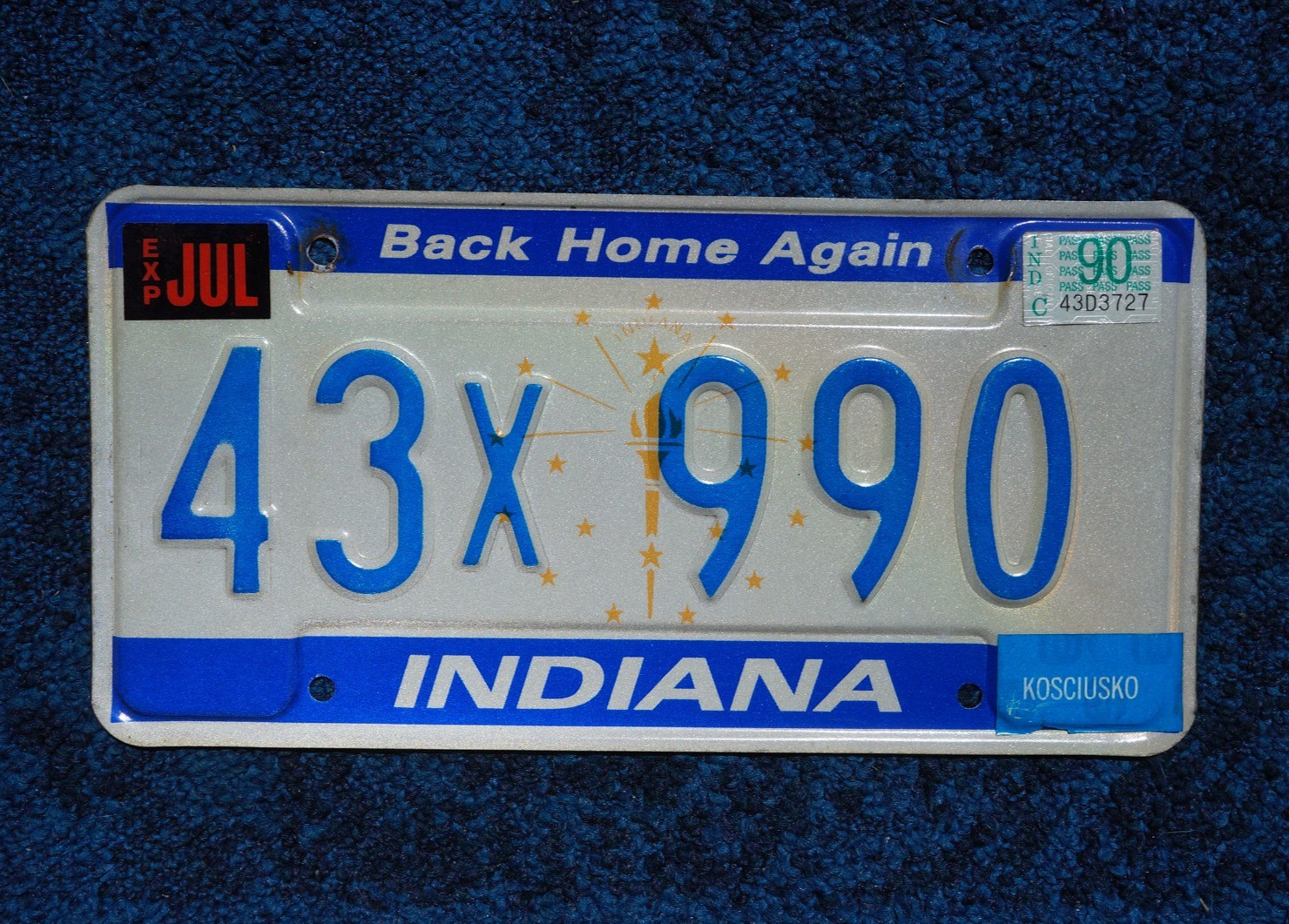 1990 Indiana BACK HOME AGAIN License Plate