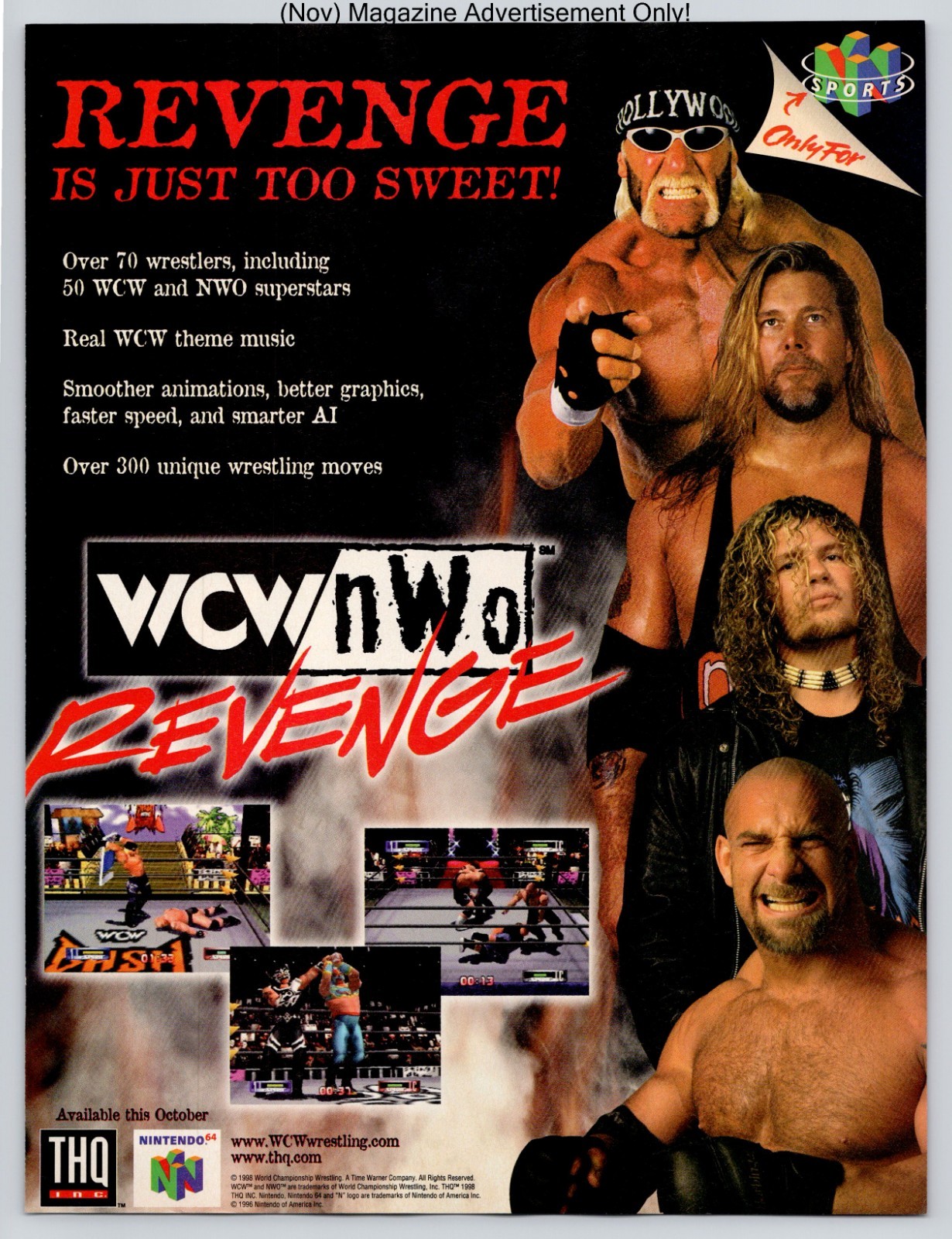 WCW NWO Revenge N64 THQ Hollywood Hogan Goldberg Wrestling 1998 Advertisement