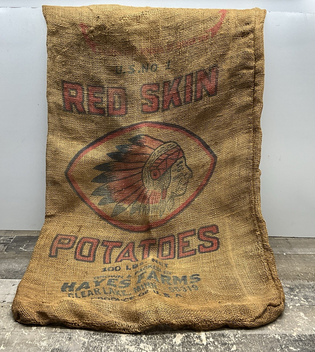 VINTAGE RED SKIN POTATOES HAYES FARMS CLEAR LAKE WI 100 LB POTATO BURLAP SACK